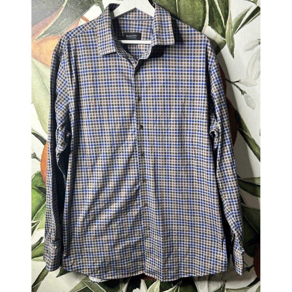 Bugatchi Shirt Mens XL Brown Truffle Plaid 8 Way Stretch OoohCotton Tech Shirt